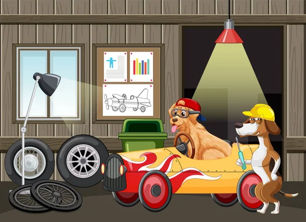 Cães Reparos Carro Garagem Ilustração — Vetor de Stock