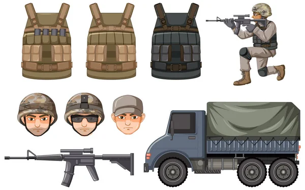 Set Von Militärischen Elementen Auf Weißem Hintergrund Illustration — Stockvektor