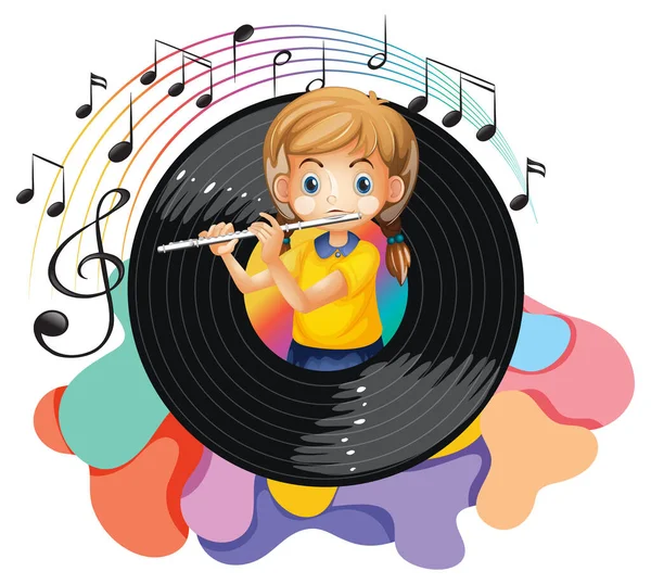 Girl Playing Flute Music Melody Symbols Illustration — Stockvektor