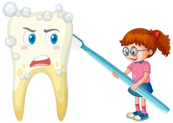 Mutlu Çocuklar Beyaz Arka Planda Diş Fırçasıyla Büyük Bir Dişi — Stok Vektör