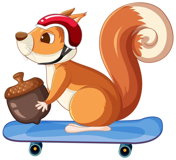 Cute Squirrel Holding Nut Skateboard Illustration — Stock vektor