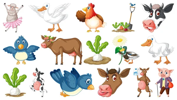 Many Farm Animals White Background Illustration — Stock Vector