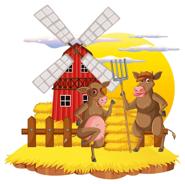 Vaca Aire Libre Granja Escena Con Animales Felices Ilustración — Vector de stock