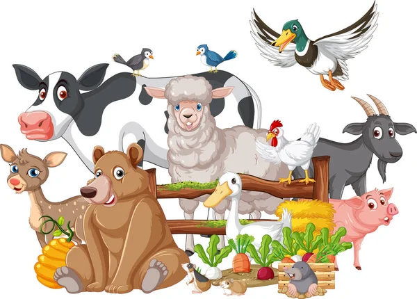 Nombreux Animaux Ferme Par Clôture Illustration — Image vectorielle