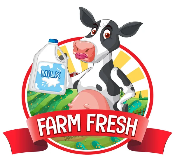 带有农场新鲜标签插图的卡通奶牛 — 图库矢量图片