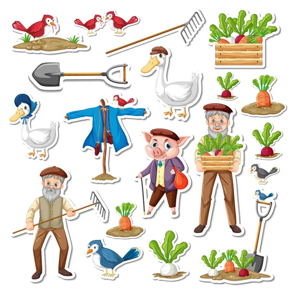 Sticker Pack Farm Objects Old Farmer Cartoon Characters Illustration — Stockvektor