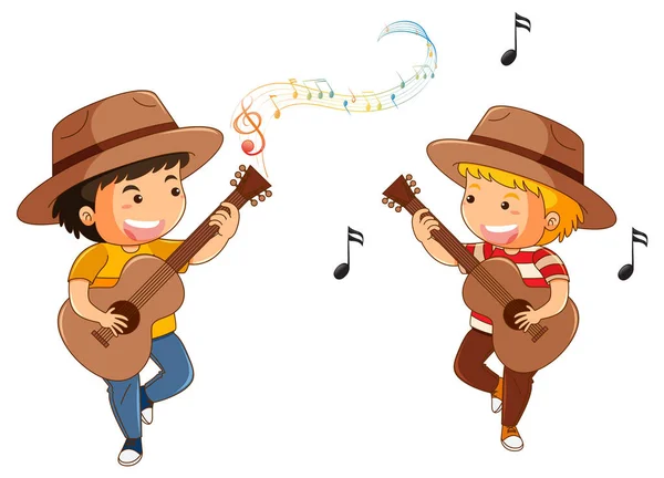 Two Boys Playing Guitars Cartoon Style Illustration — Image vectorielle