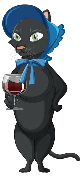Black Cat Standing Two Legs Sipping Wine Illustration — Stockvektor