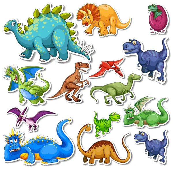 Adesivo Conjunto Diferentes Dinossauros Desenho Animado Ilustração — Vetor de Stock