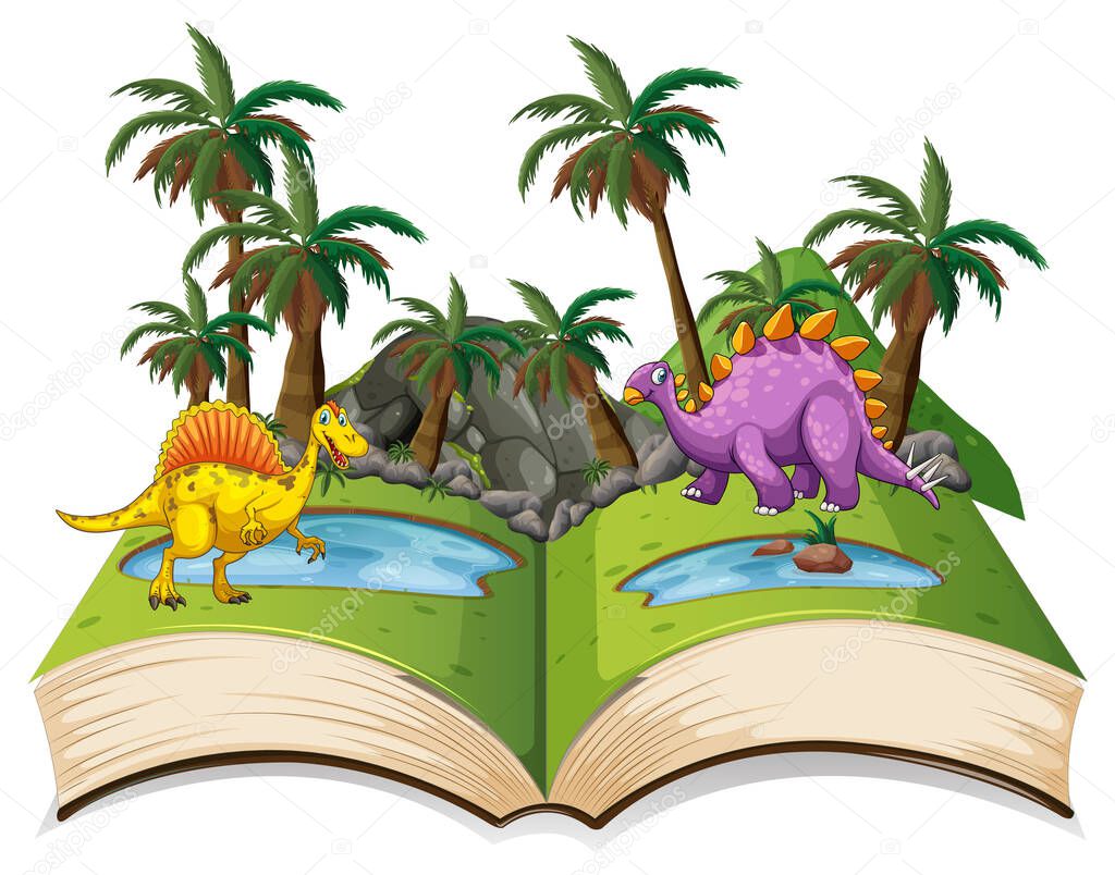 Opened book with various dinosaurs cartoon illustration