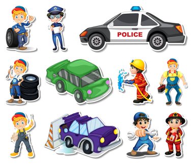 Sticker set of professions characters and objects illustration