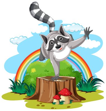 Rakun kütük illüstrasyonunda duruyor