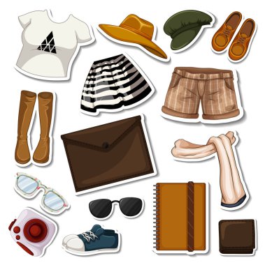 Farklı çanta ve aksesuar çizimlerinin etiketi