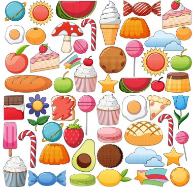 Beyaz arkaplan illüstrasyonunda klasik tarz çizgi film seti