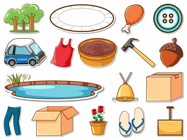 Sticker Set Mixed Daily Objects Illustration — Stok Vektör