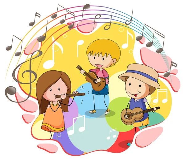 Kritzeln Kinder Mit Musikinstrument Und Melodieillustration — Stockvektor