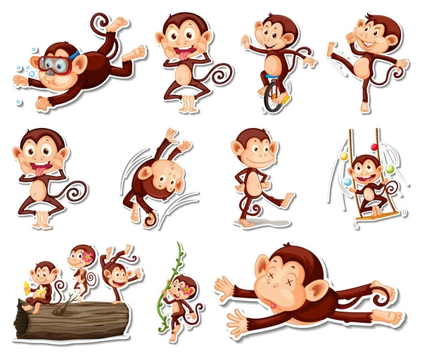 Sticker Set Funny Monkey Cartoon Characters Illustration — стоковый вектор