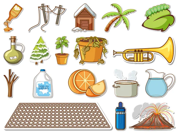 Sticker Set Mixed Daily Objects Illustration — 스톡 벡터