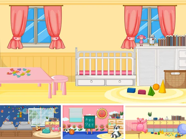 Set Different Kindergarten Classroom Scenes Illustration — Vettoriale Stock