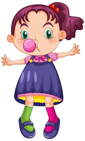 Cute Happy Girl Cartoon Character Blowing Bubble Gum Illustration — 스톡 벡터