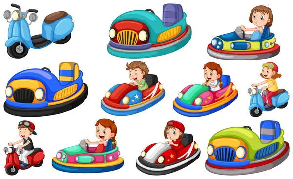 Conjunto Niños Montando Kart Ilustración — Vector de stock