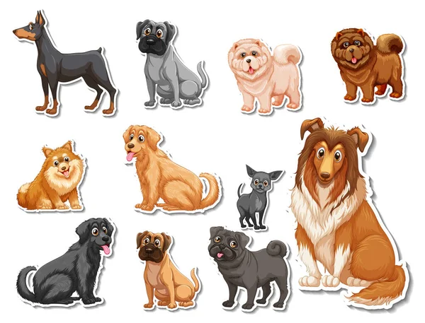 Adesivo Set Diversi Cani Illustrazione Cartone Animato — Vettoriale Stock