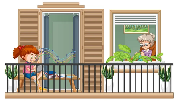 Balcone Scena Con Cartone Animato Chracter Illustrazione — Vettoriale Stock