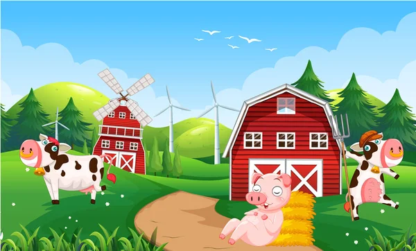 Farm Scene Many Animals Field Illustration — ストックベクタ