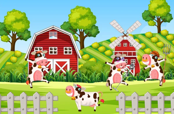 Farm Scene Cows Field Illustration — стоковый вектор