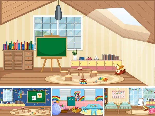 Set Different Kindergarten Classroom Scenes Illustration — Stock Vector