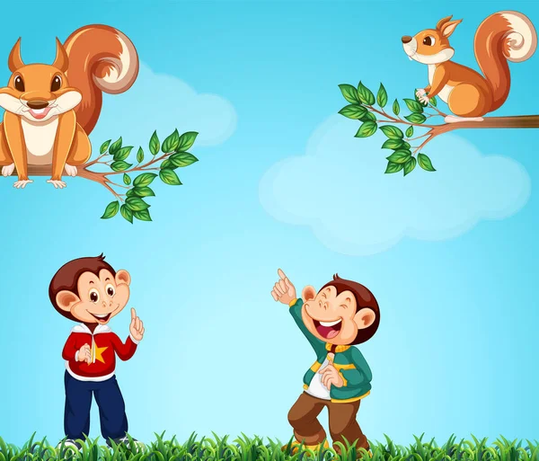Monkeys Squirrels Park Illustration — Vetor de Stock