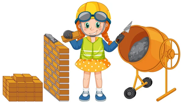 Concrete Mixing Drum Girl Cartoon Character Illustration — Vector de stock