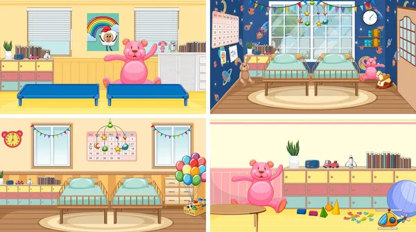 Set Different Kindergarten Classroom Scenes Illustration — стоковый вектор