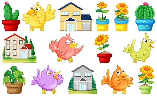 Houses Design Colorful Birds Illustration — Stockový vektor