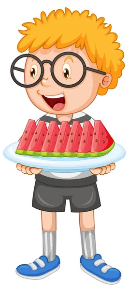 Little Boy Tray Watermelon Illustration —  Vetores de Stock