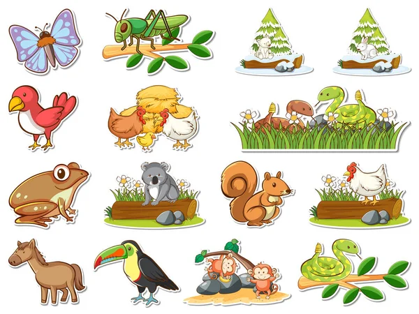 Sticker Set Wild Animals Cartoon Illustration — Vettoriale Stock