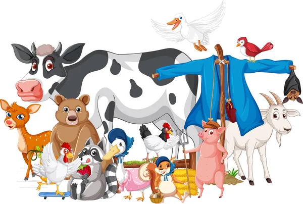 Many Farm Animals Scarecrow Illustration — Image vectorielle