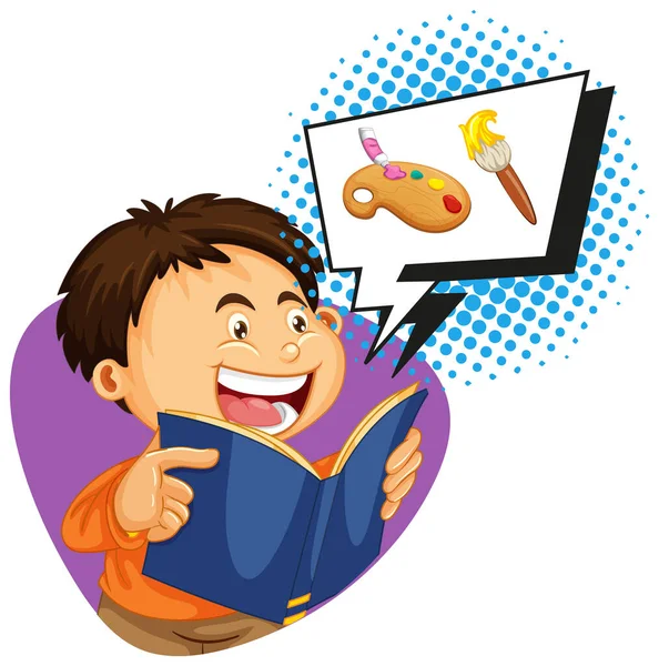 Αγόρι Ανάγνωση Βιβλίο Wtih Ομιλία Εικονογράφηση Φούσκα — Διανυσματικό Αρχείο