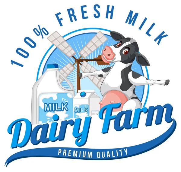 Dairy Farm Word Logo Dairy Cow Cartoon Illustration — ストックベクタ