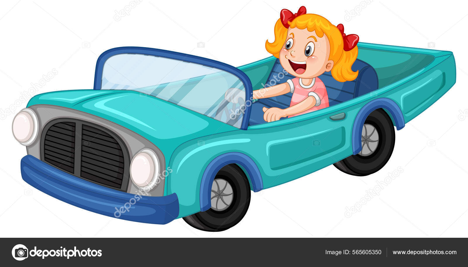 Маленькая Девочка Водит Винтажный Автомобиль Иллюстрации Дизайна.