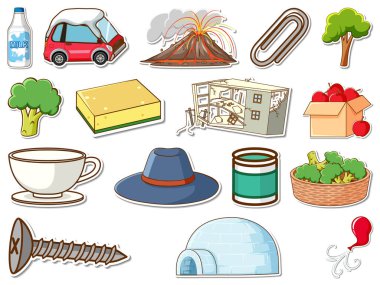 Karışık günlük nesneler çizimi etiketi