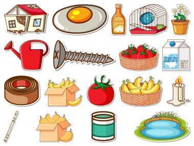 Sticker set of mixed daily objects illustration