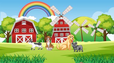 Çiftlik illüstrasyonunda farklı evcil hayvanlar.