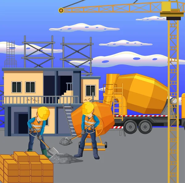 Baustelle Mit Arbeitern Illustration — Stockvektor