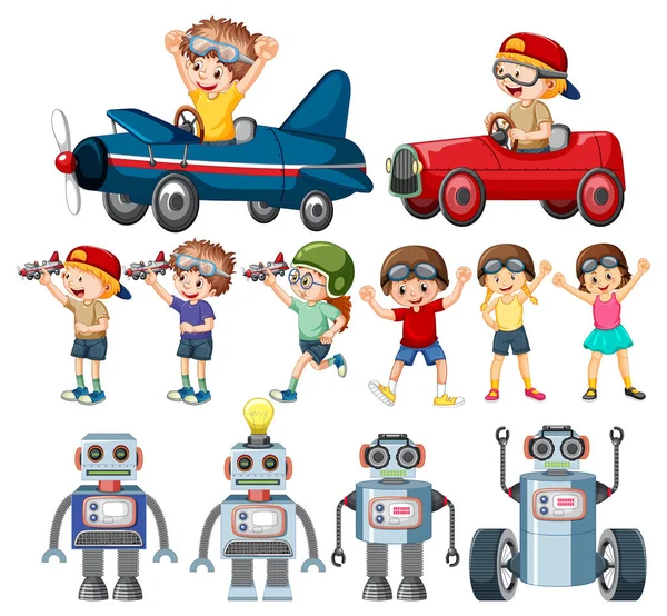 Araba Oyuncağı Resimlerinde Farklı Çocuklar — Stok Vektör