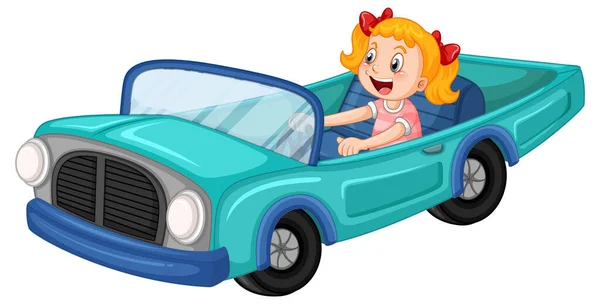 少女は漫画のデザインイラストでヴィンテージ車を運転 — ストックベクタ