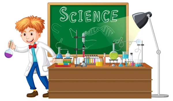 Wissenschaftler Cartoon Figur Mit Science Lab Objekten Illustration — Stockvektor