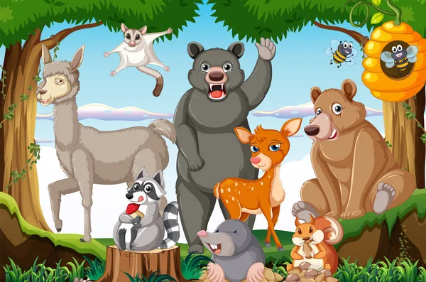 Cena Com Animais Selvagens Floresta Ilustração —  Vetores de Stock