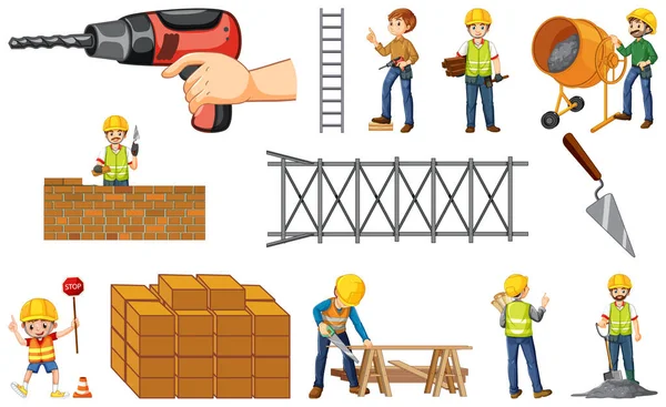 Set Construction Site Objects Workers Illustration — Stock Vector