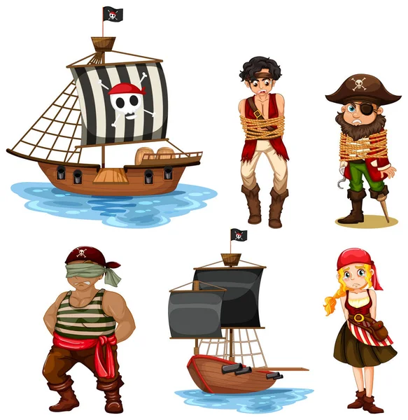 Uppsättning Olika Pirater Tecknade Tecken Illustration — Stock vektor